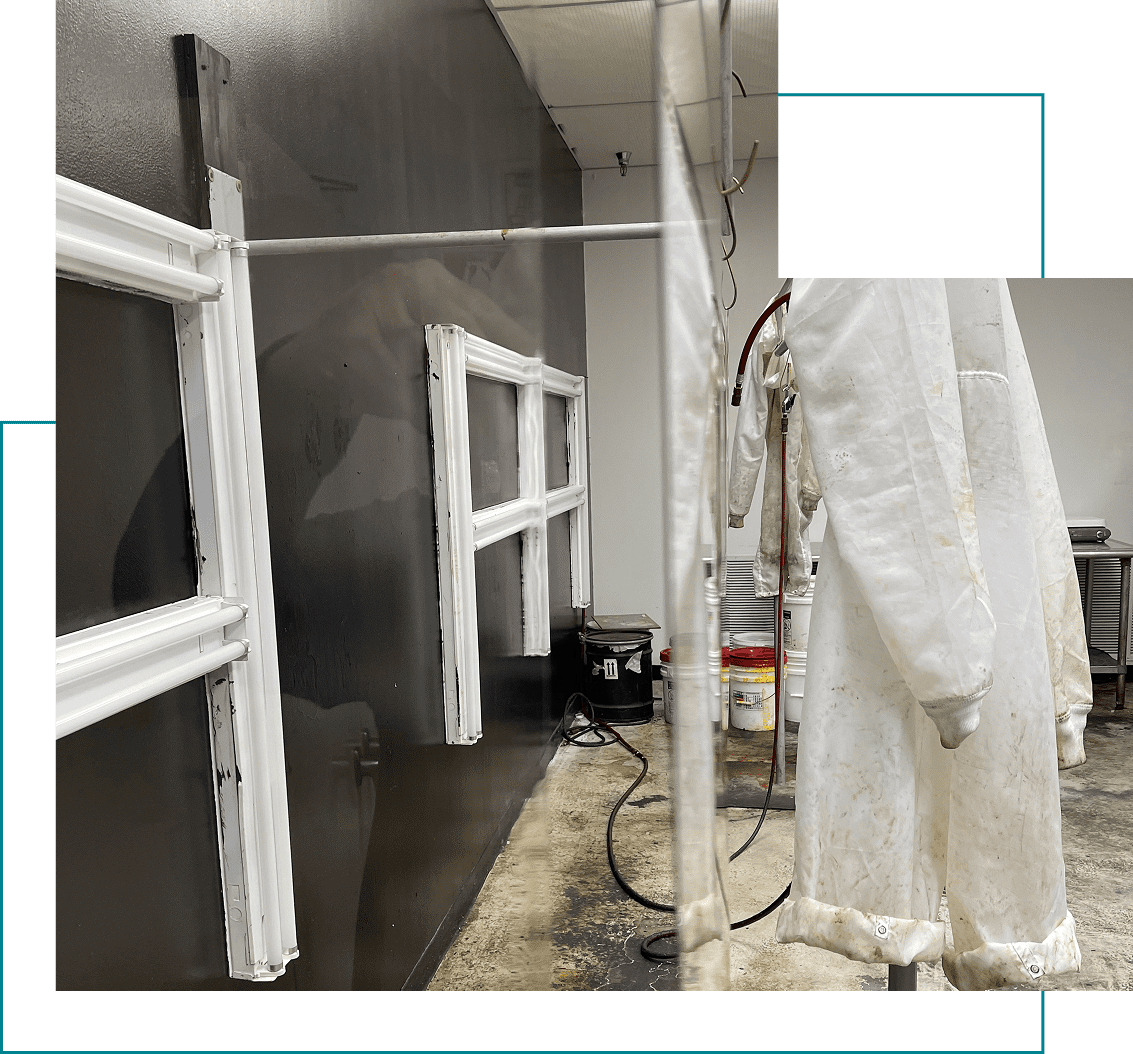 Lab coats and equipment in industrial setting.